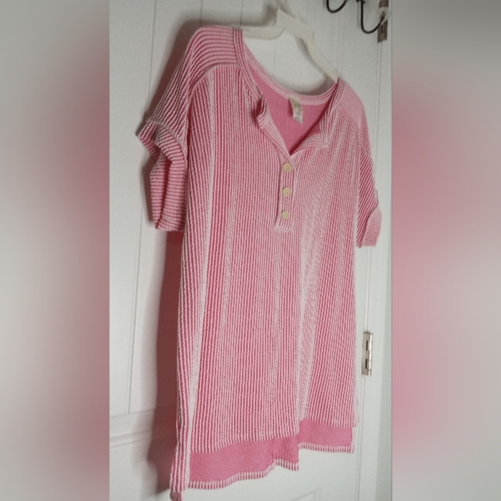 Pink Striped Ribbed Button-Up Top